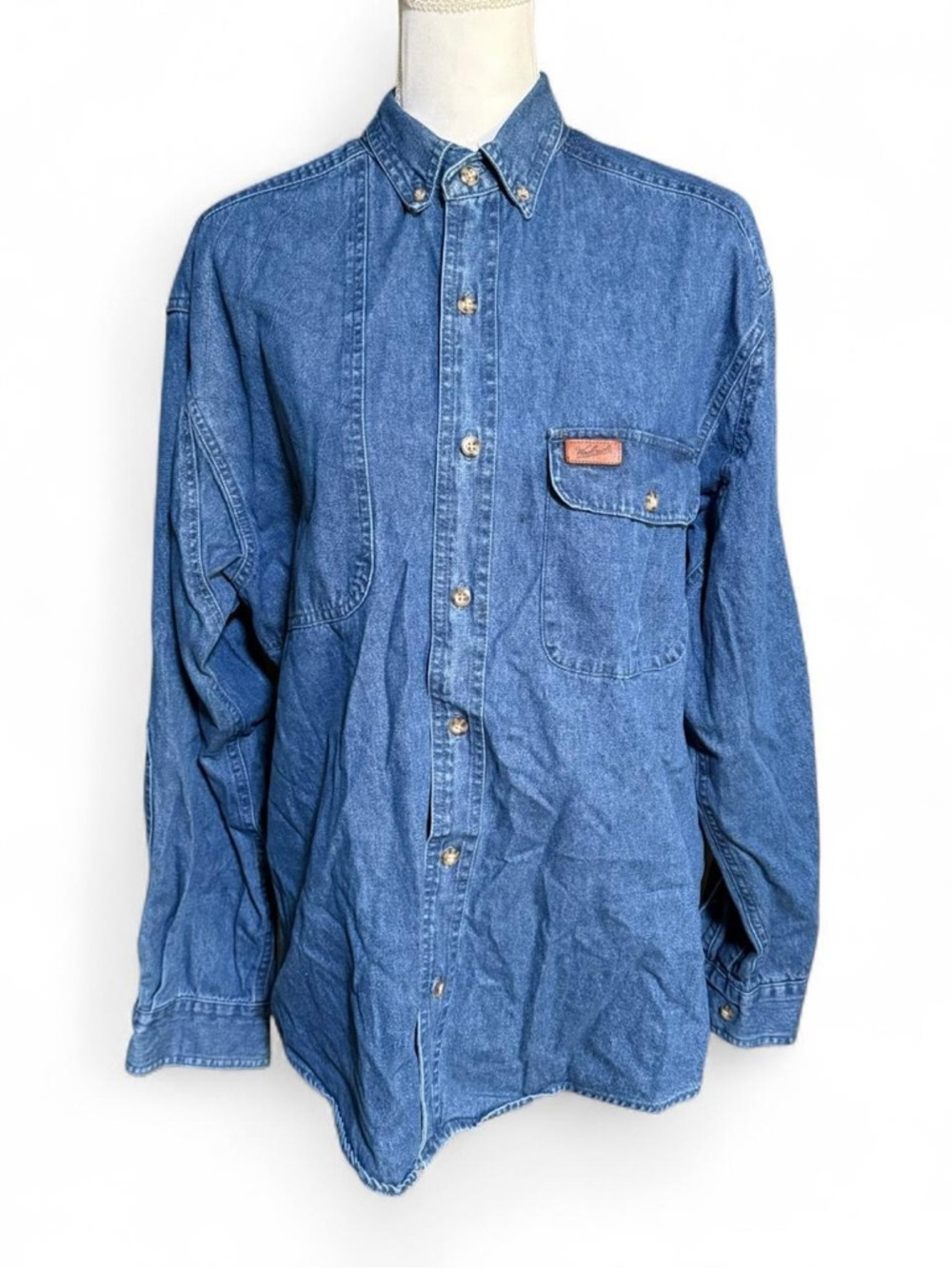 Woolrich Denim Button Down Shirt Mens M Blue Outdoor Guide Cotton Work